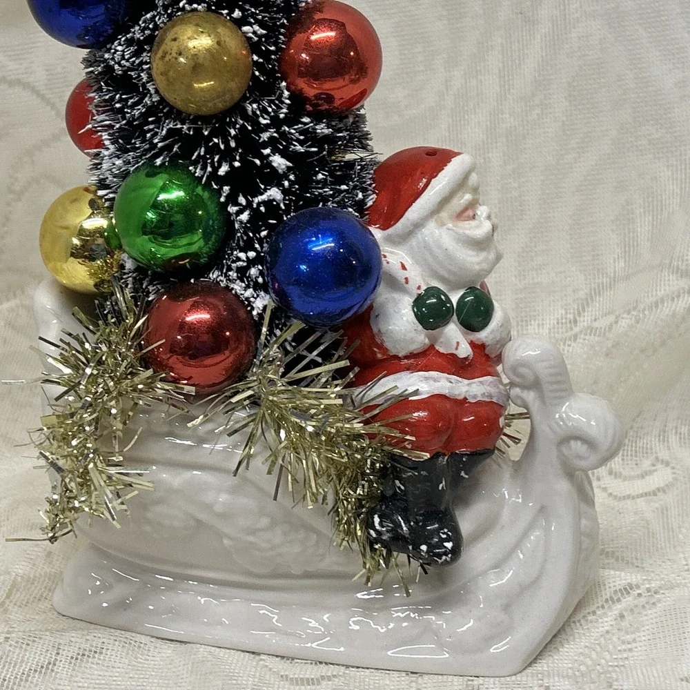 Vintage Porcelain Sleigh With Santa Claus, Mouse , Tree Assemblage‎ Display Gift